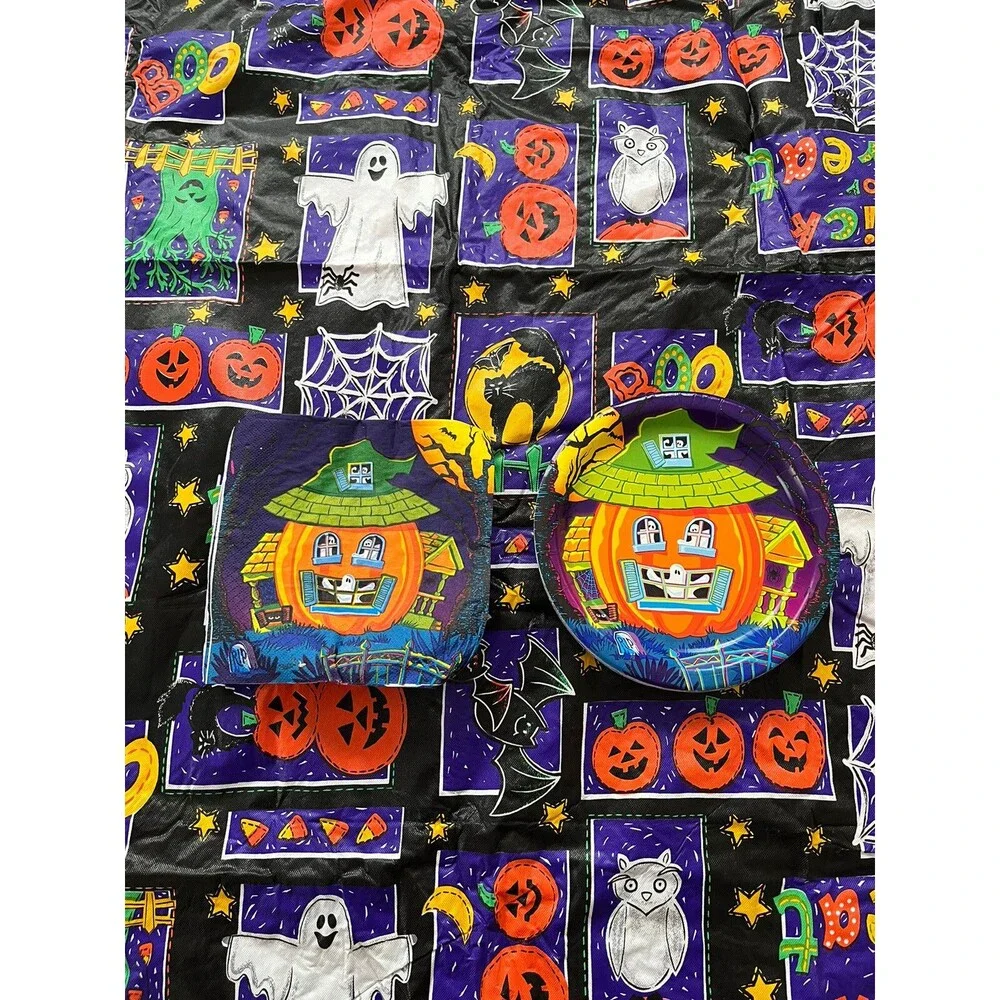 VTG Halloween Pumpkin Ghost Bat Spider Owl Tablecloth 17 Napkins 12 Plates Set
